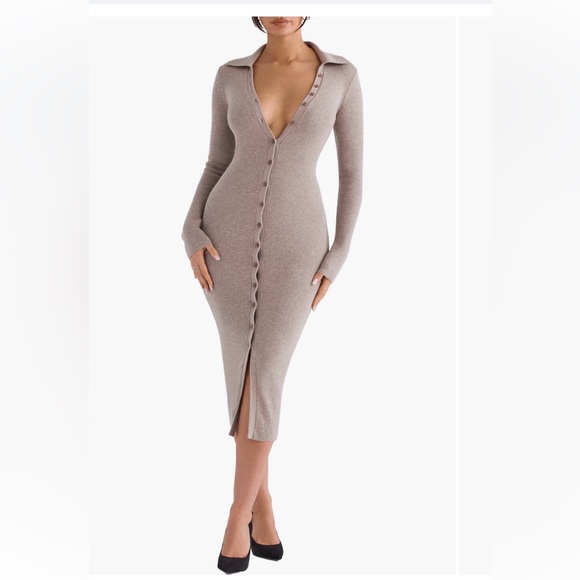 House of CB Yvette long sleeves button up sweater midi dress beige - Picture 3 of 17